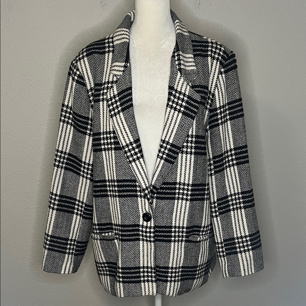 Nasty Gal Oversized Fit Black/White Plaid Blazer Size 0